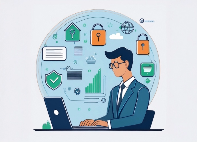 A person sitting at a computer with icons to represent security and privacy in green, white and orange around him, on a blue background